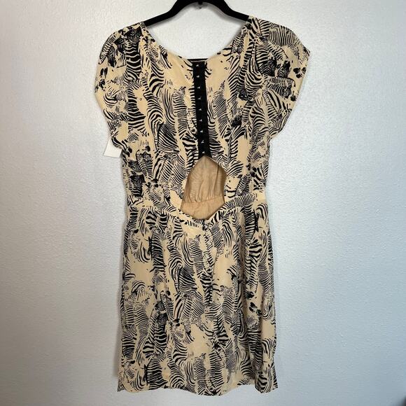 Of Two Minds Zebra Print Mini Dress Tan Black Cutout Back Silk Cap Sleeve Sz M - Picture 7 of 8
